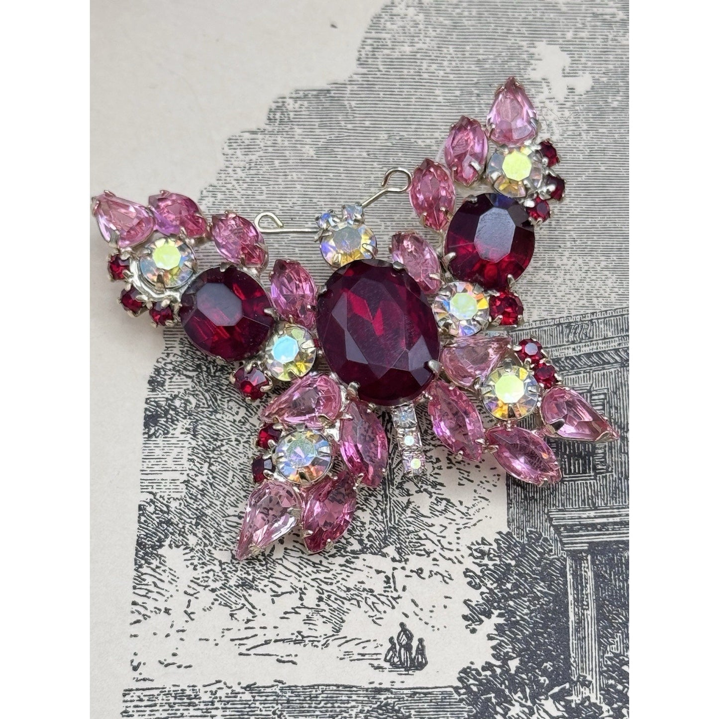 Vintage Butterfly Brooch Pink Red Rhinestone AB Crystal Goldtone Figural 2”