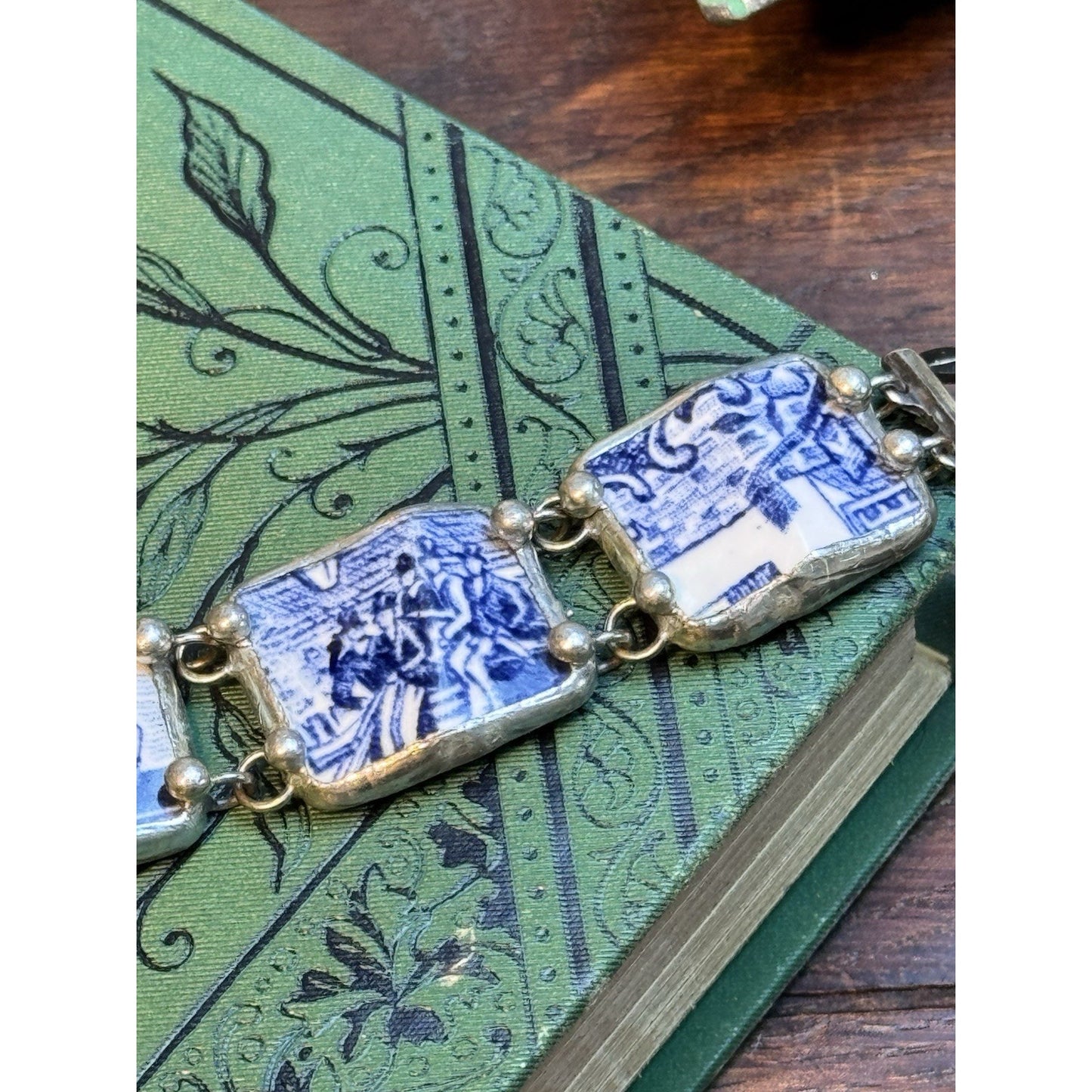 Handmade Porcelain Bracelet Blue White Tally Ho Horse Scene 6.5” Vintage 1990s
