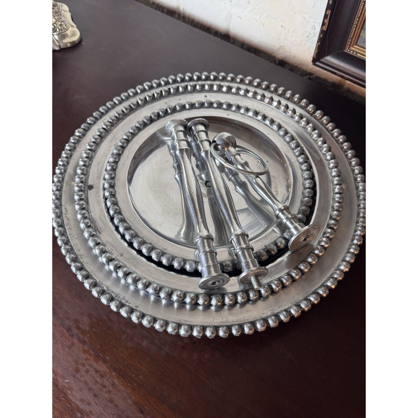 Three Tier Serving Stand Silvertone Beaded Edge Centerpiece Display 26”