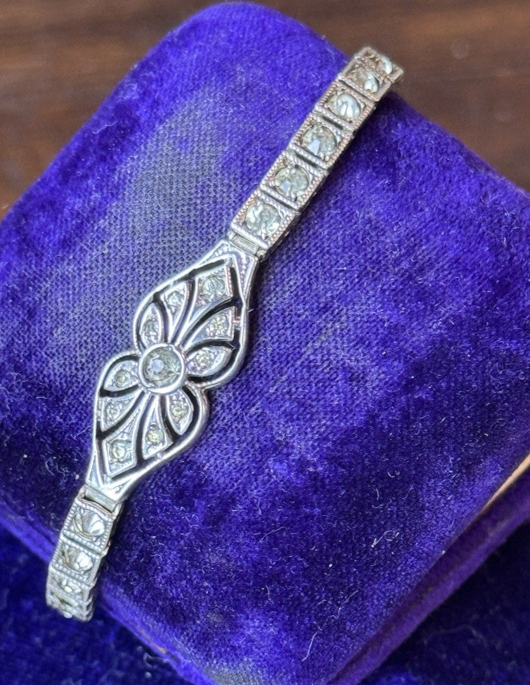 Antique Art Deco Sterling Rhinestone Tennis Bracelet Pat. 9.15.25 6.75”