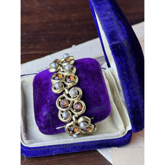 Trifari Bracelet Faux Pearl Brown Rhinestone Goldtone Signed 6.5” Vintage