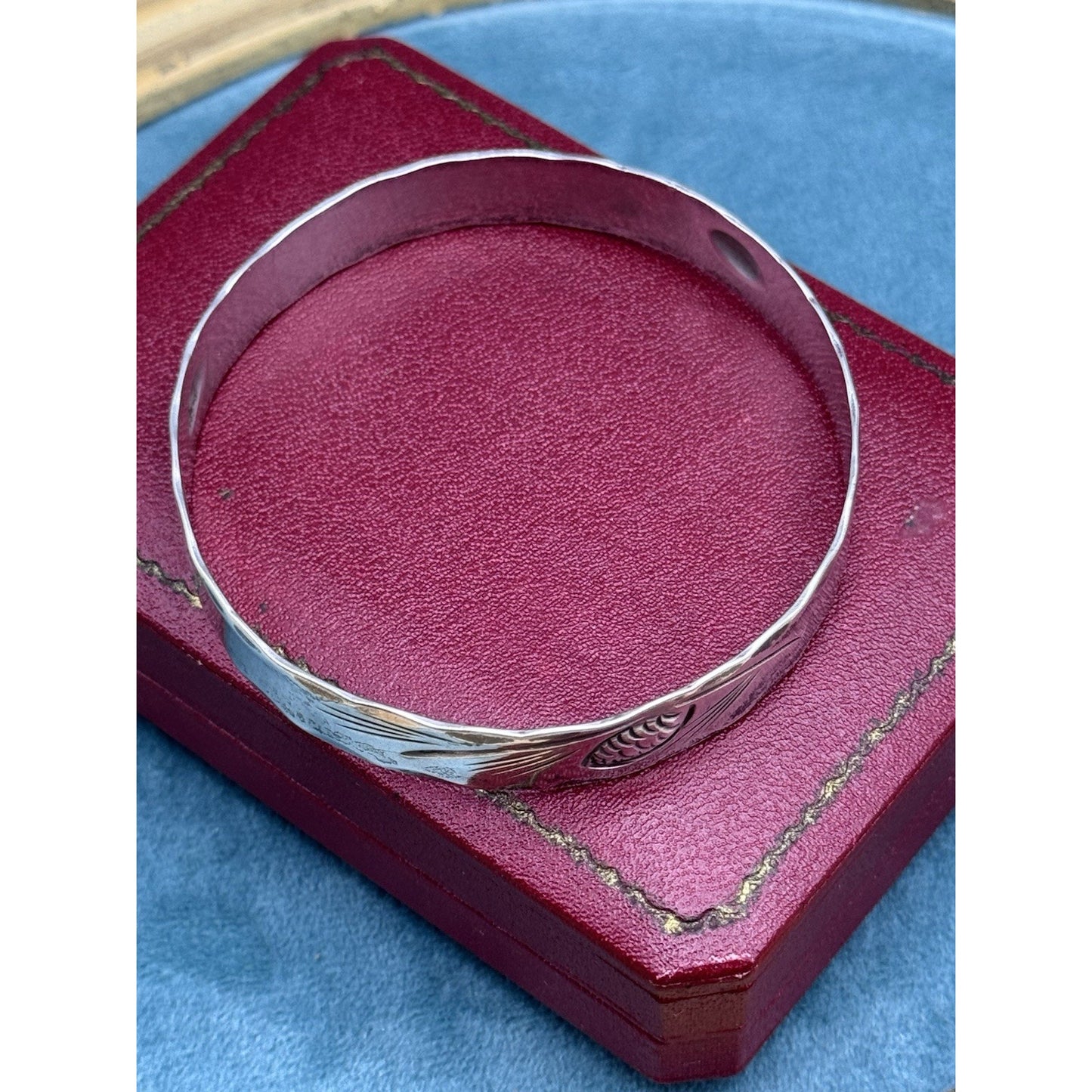 NYE Sterling Bangle Bracelet Pinecone Engraved 7.75” VINTAGE