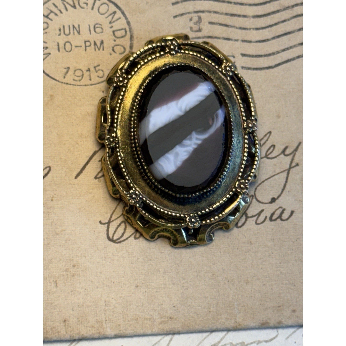 Original by Robert Victorian Revival Black & White Glass Cameo Brooch Pendant