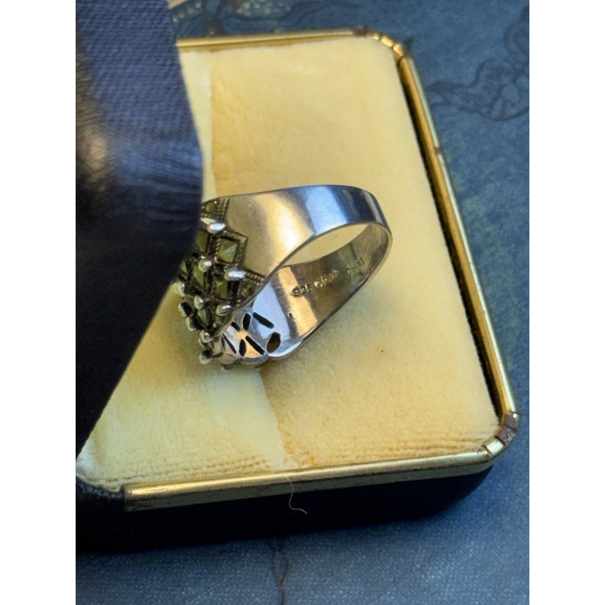 Sterling Silver Marcasite Ring Lattice Wide Band Signed 925 Thai Size 9.75 0.5”
