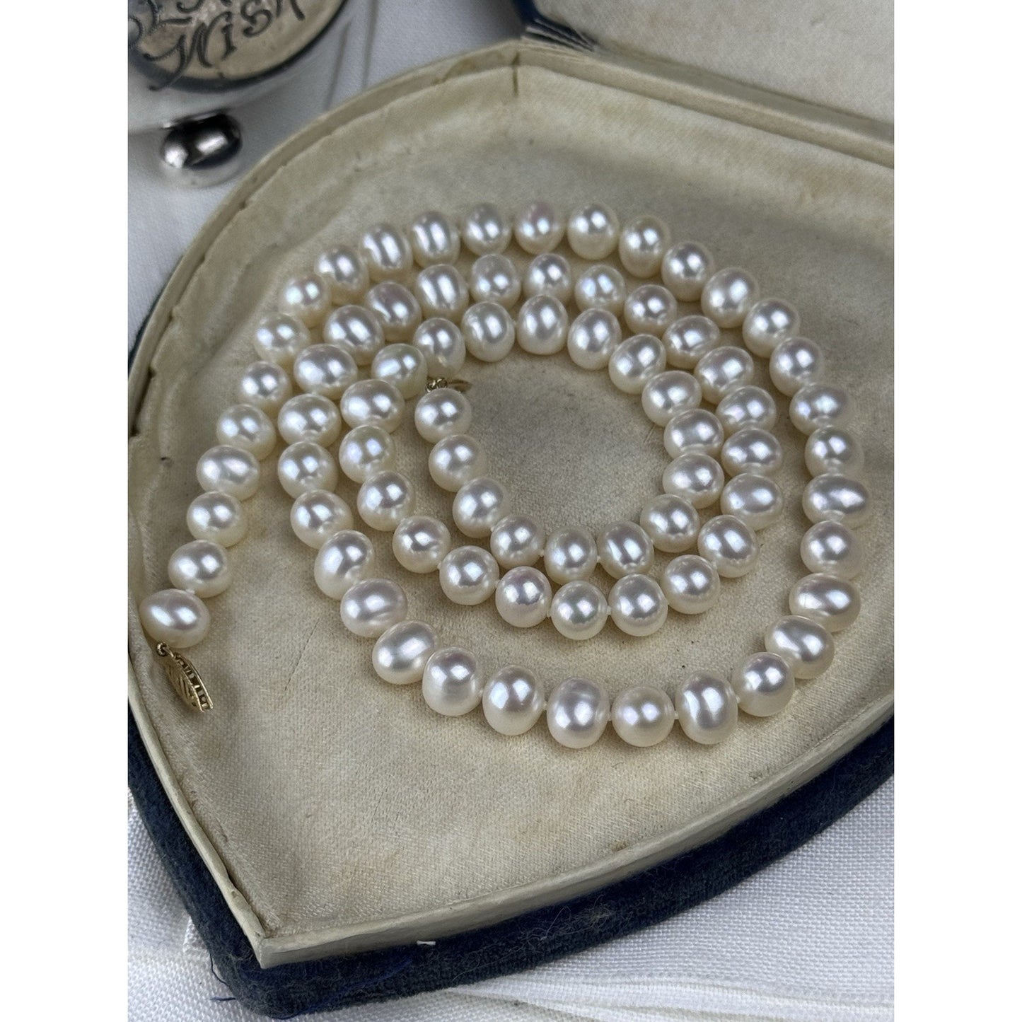 Cultured Pearl Necklace 23.5” Knotted 14K Gold Clasp 8mm FIC Pearls VINTAGE
