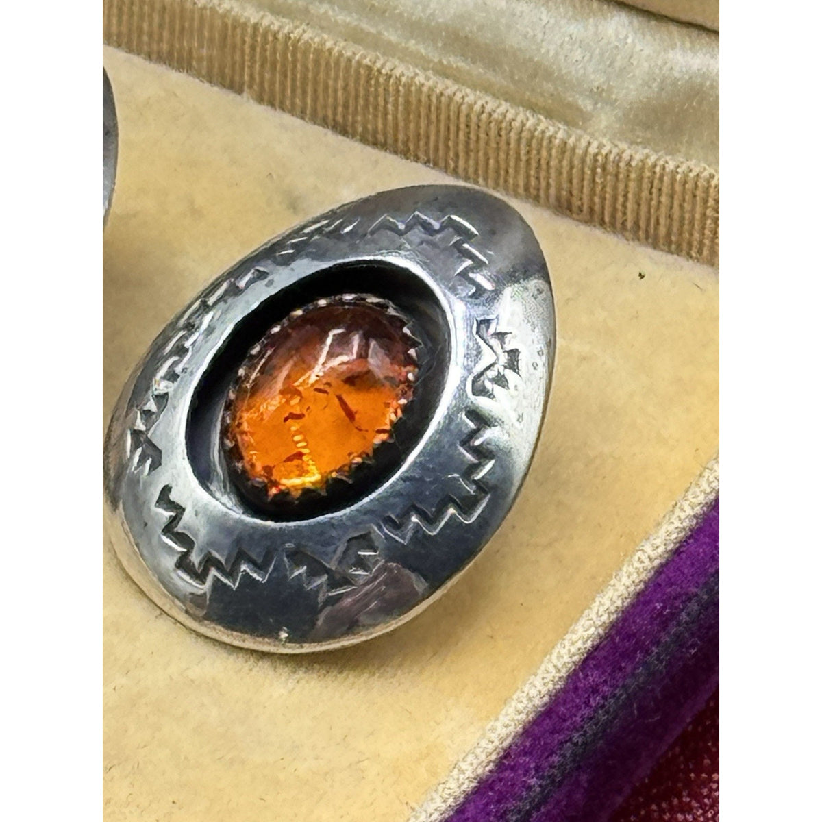 Vintage Navajo AG Sterling Silver Amber Post Earrings Southwestern 1” x .75”
