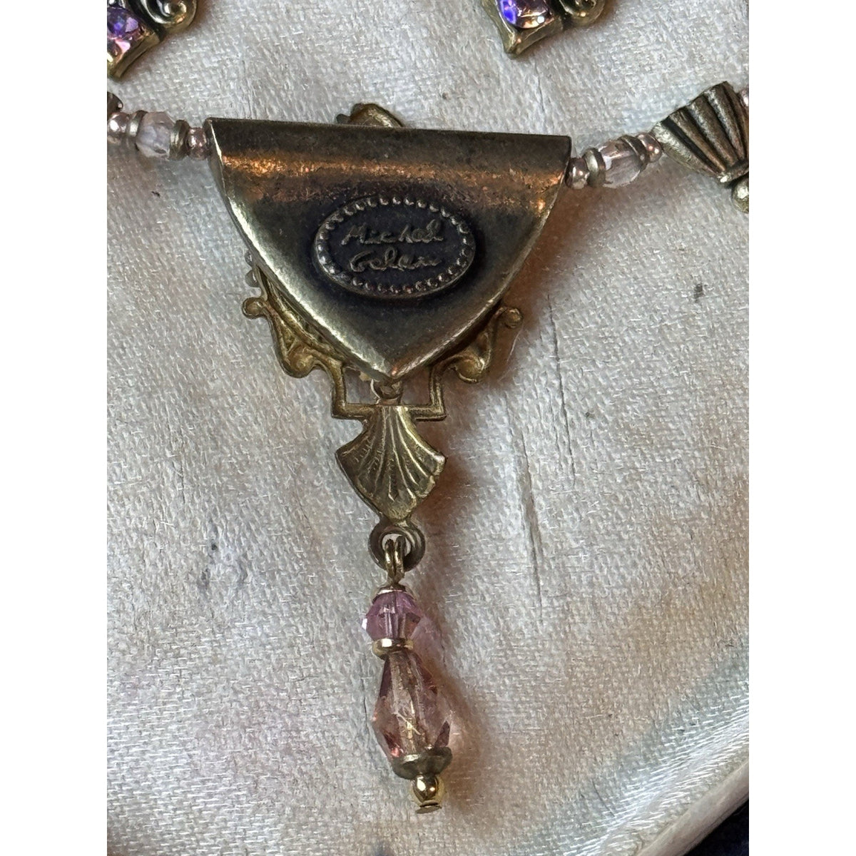 Michal Golan Necklace Earring Set Pink Rhinestone Beaded Goldtone Vintage 19”