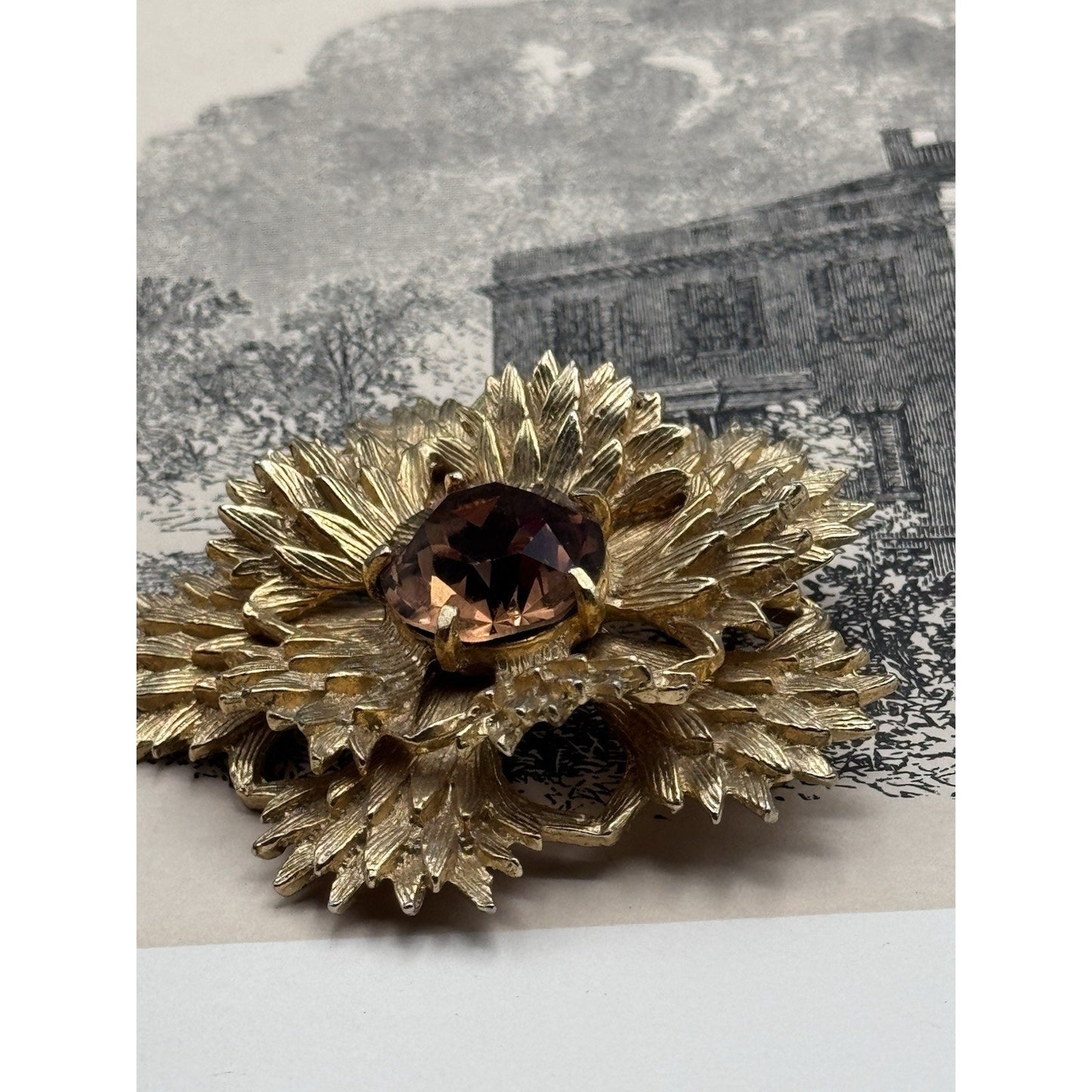 Benedikt NY Brooch Brutalist Smokey Rhinestone Star Burst Signed 2.5”