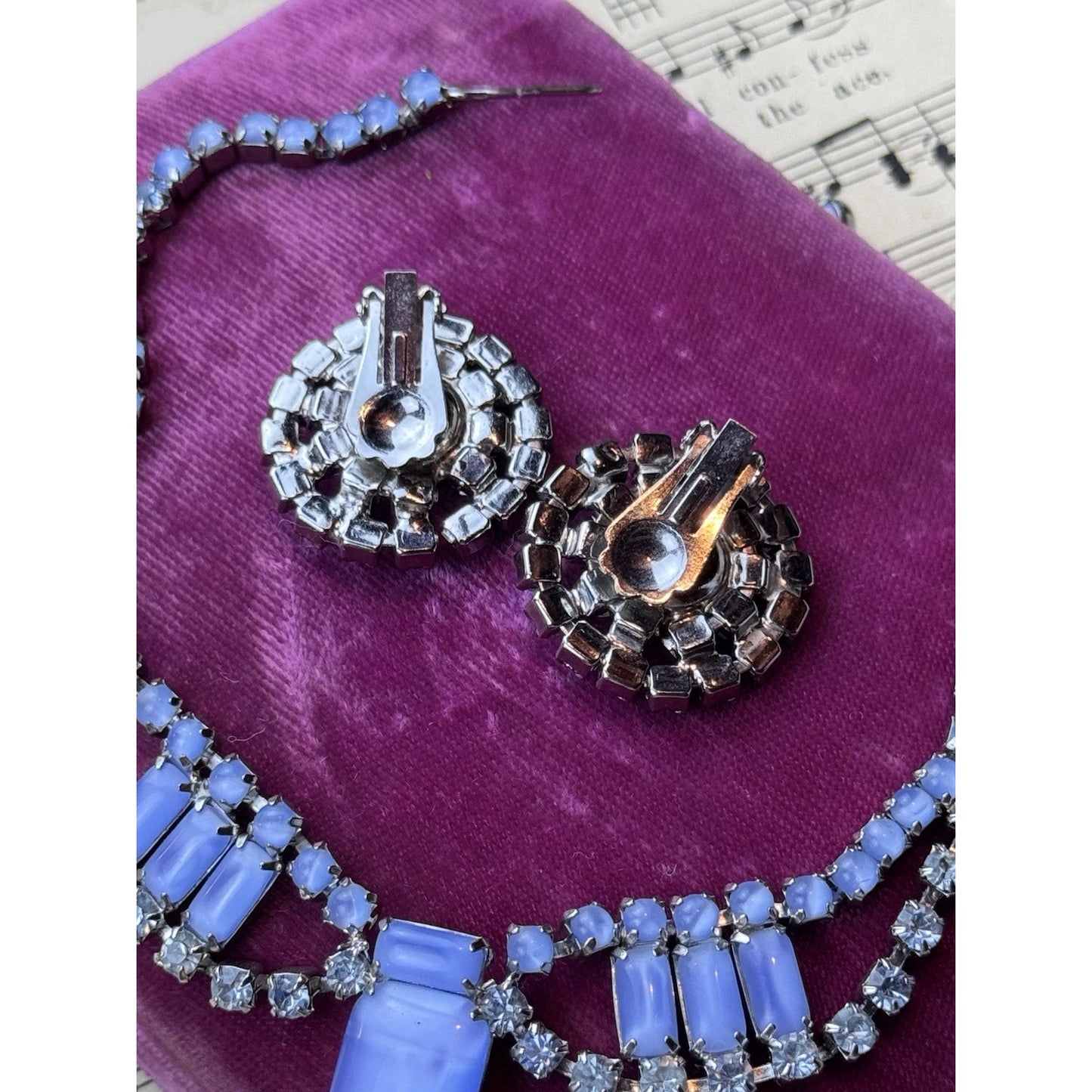 Joseph WARNER Jewelry Set Blue Rhinestone Lucite Necklace Bracelet Earrings