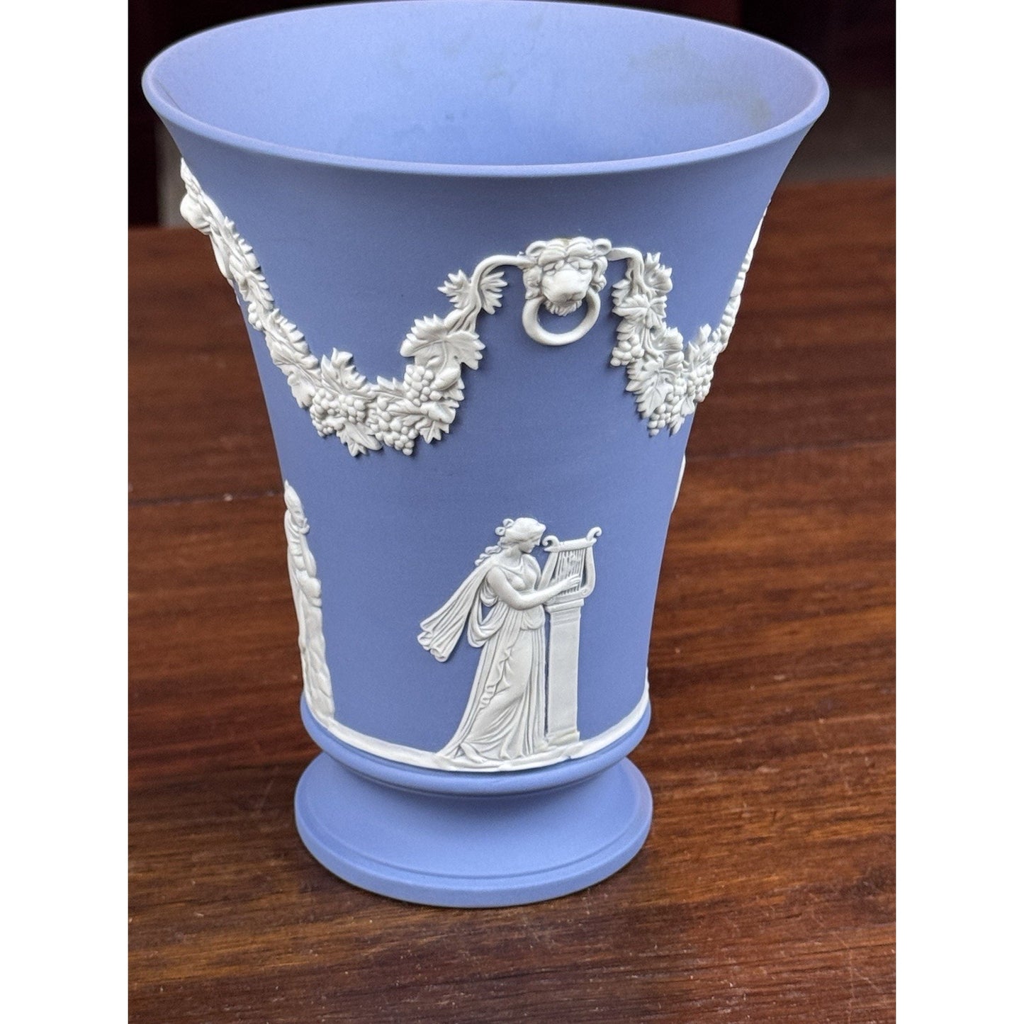 Vintage Wedgwood Jasperware Vase Blue White Classical Figures Grapevine 6” READ!