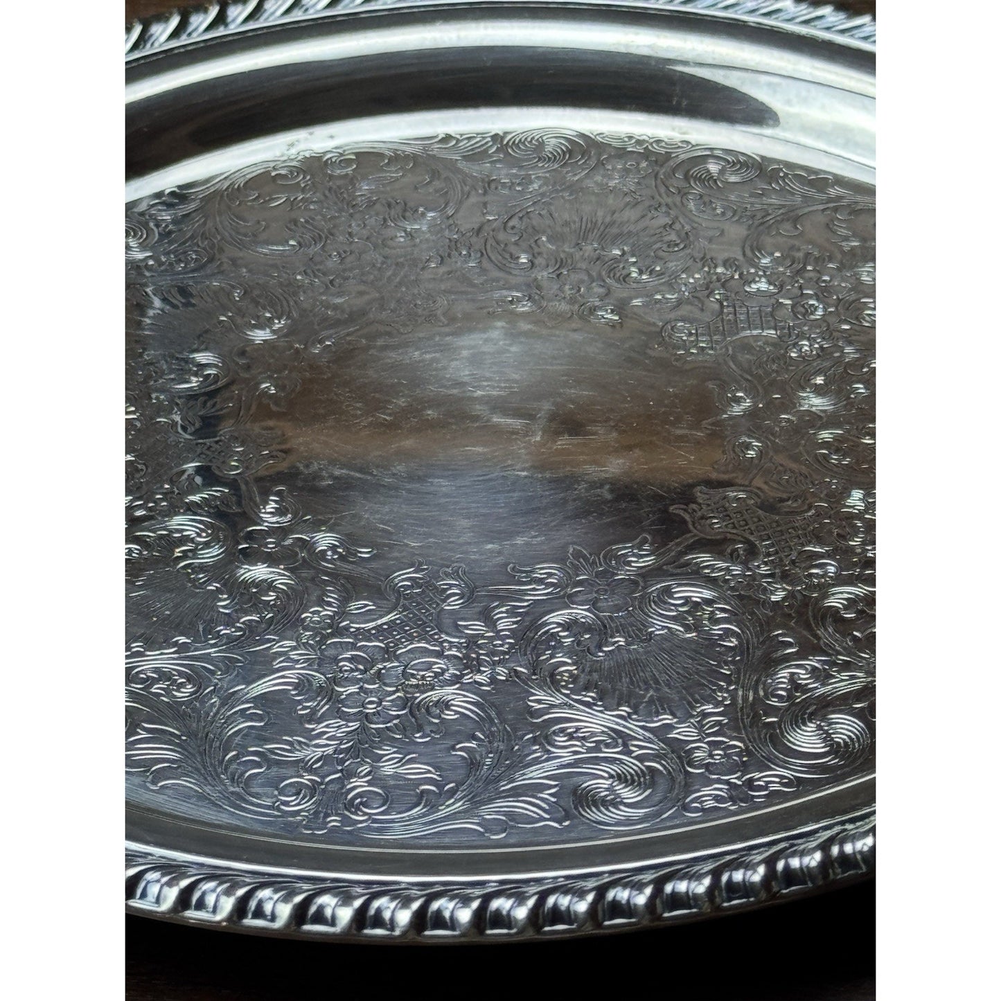Silverplate Round Serving Tray WM Rogers Ornate Floral Rope Edge 10” VINTAGE
