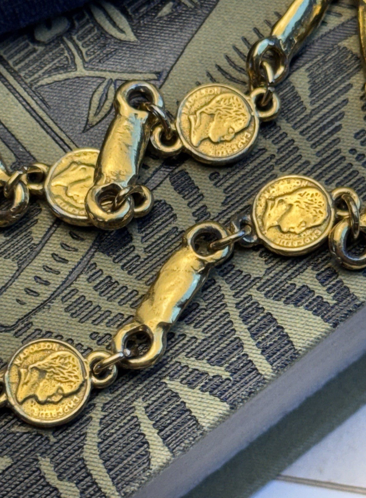 Goldtone Necklace Napoleon Coin Bar Link Chain Vintage Long Layering Sautoir 62”