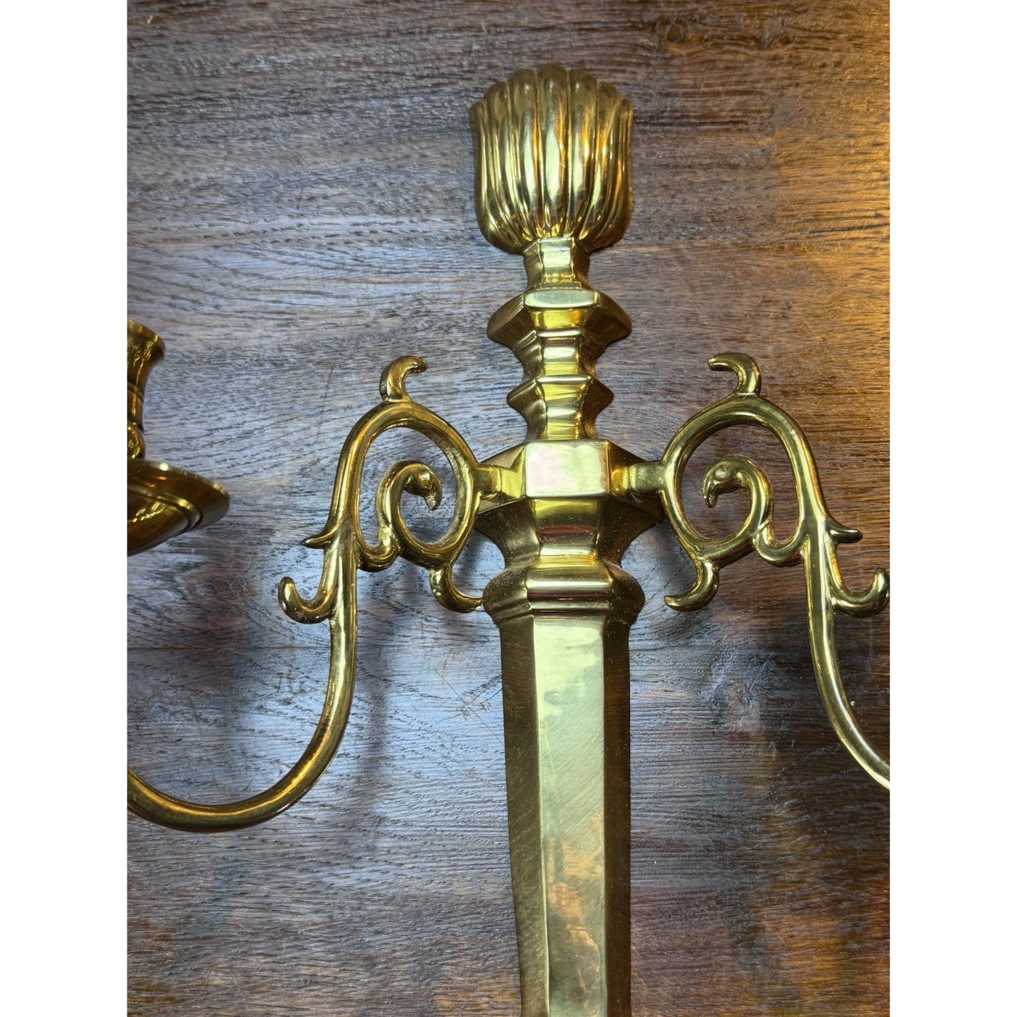 Pair Vintage Brass Wall Candle Sconces India Lacquered 2 Arm 15”