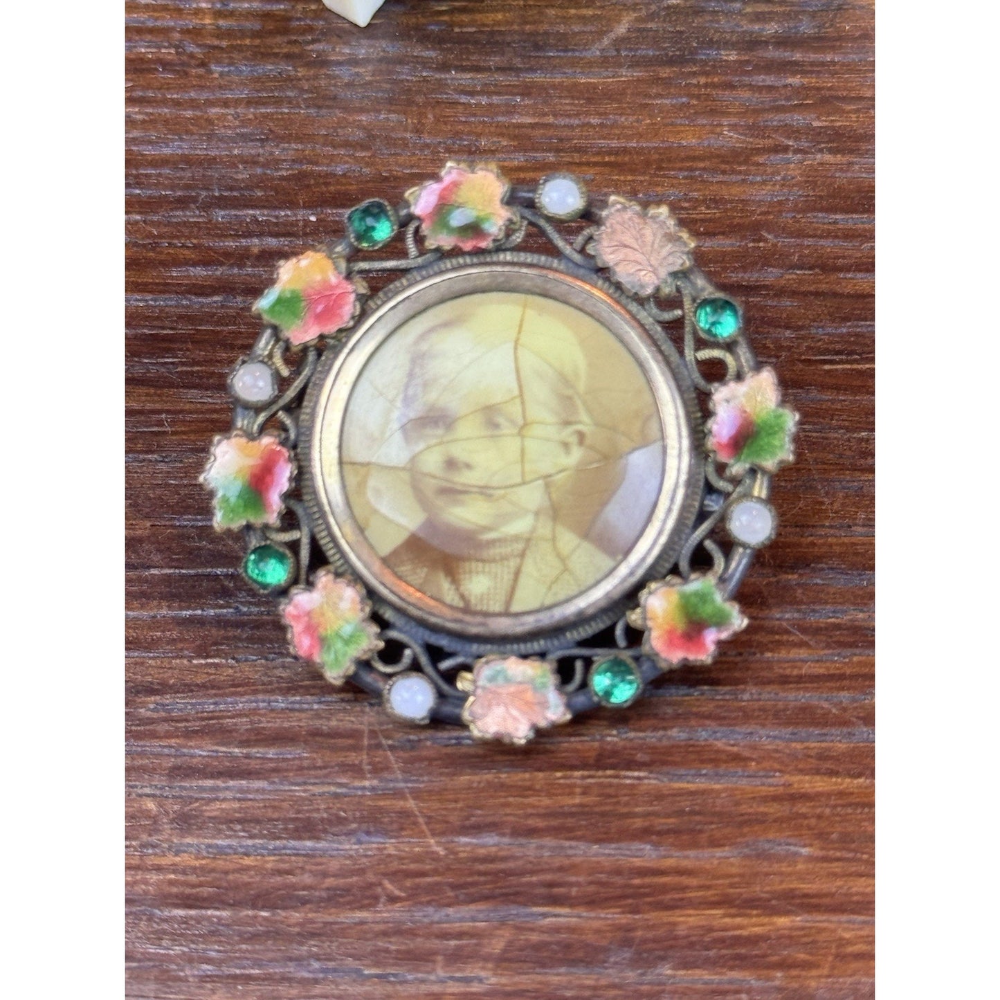 Antique Photo Button Converted Brooch Enamel Rhinestones 1.25” Round