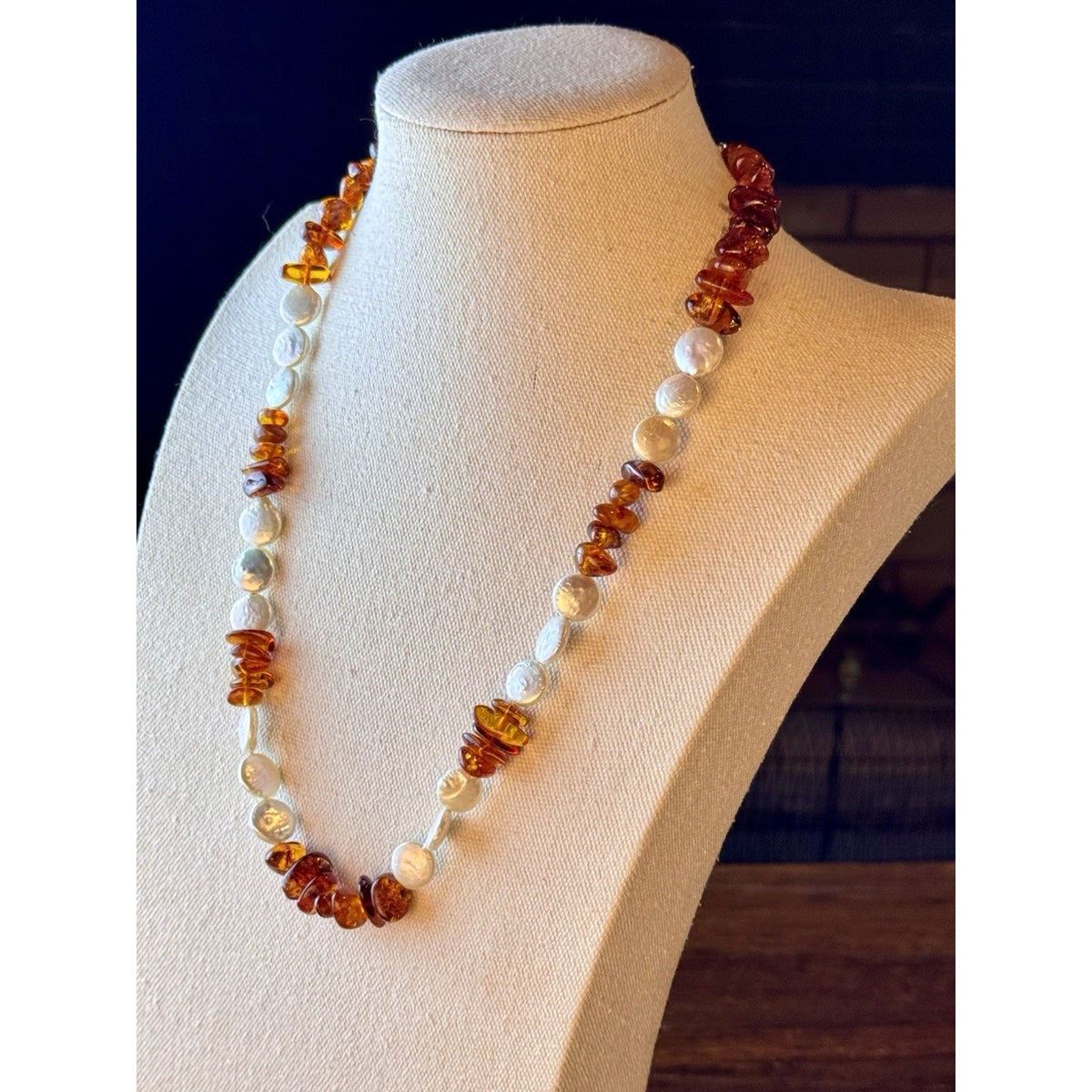 Amber Necklace Cultured Pearl Coin Nugget Beads Silvertone Lobster Clasp 22”