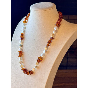 Amber Necklace Cultured Pearl Coin Nugget Beads Silvertone Lobster Clasp 22”