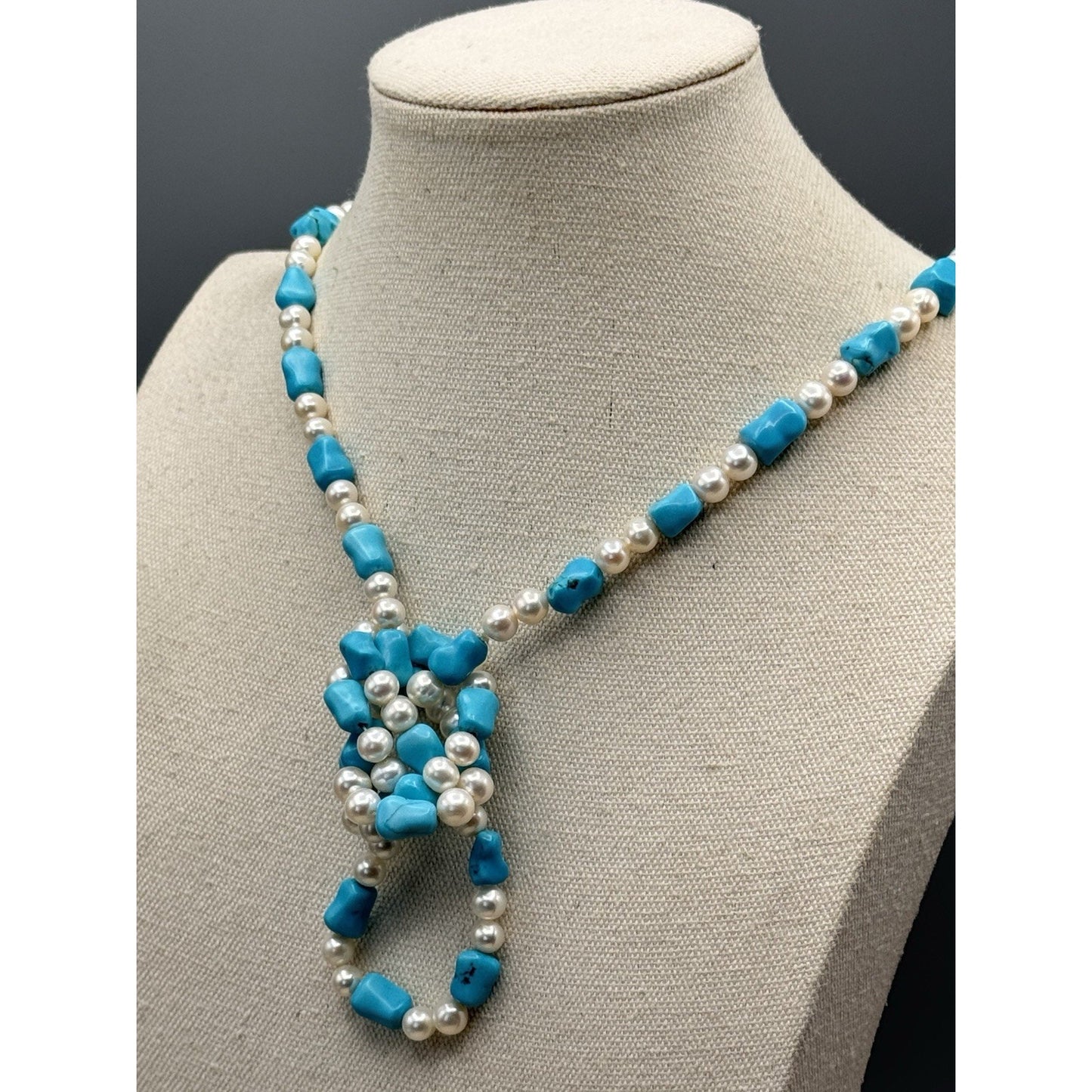 Cultured Pearl Blue/Green Stone Long Necklace 41” ESTATE FIND