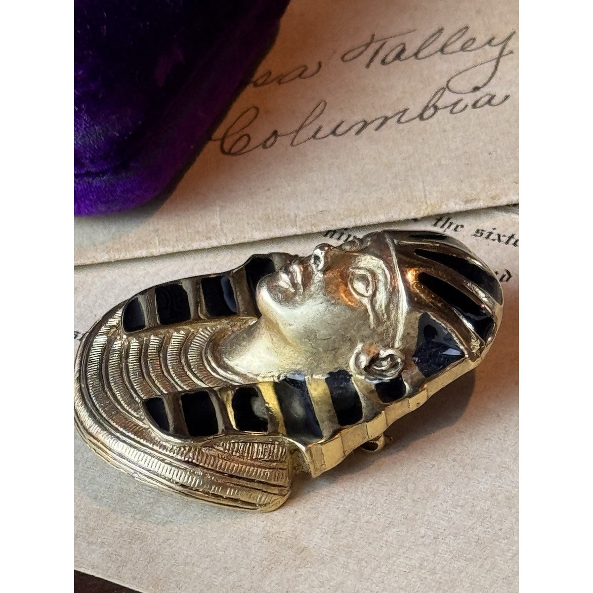 Pharaoh Tutankhamen Brooch Pendant E Pearl Egyptian Revival Black Enamel 2”
