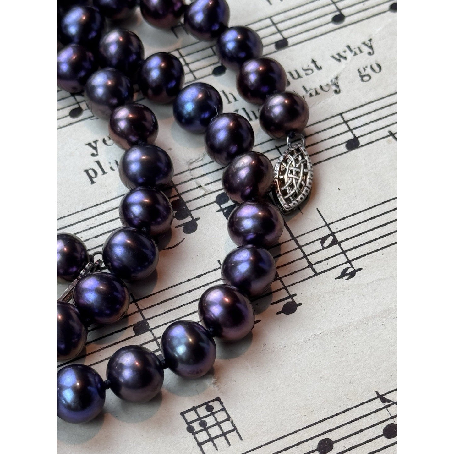 Purple Cultured Pearl Necklace Sterling Silver Clasp 20” 7mm Vintage Jewelry