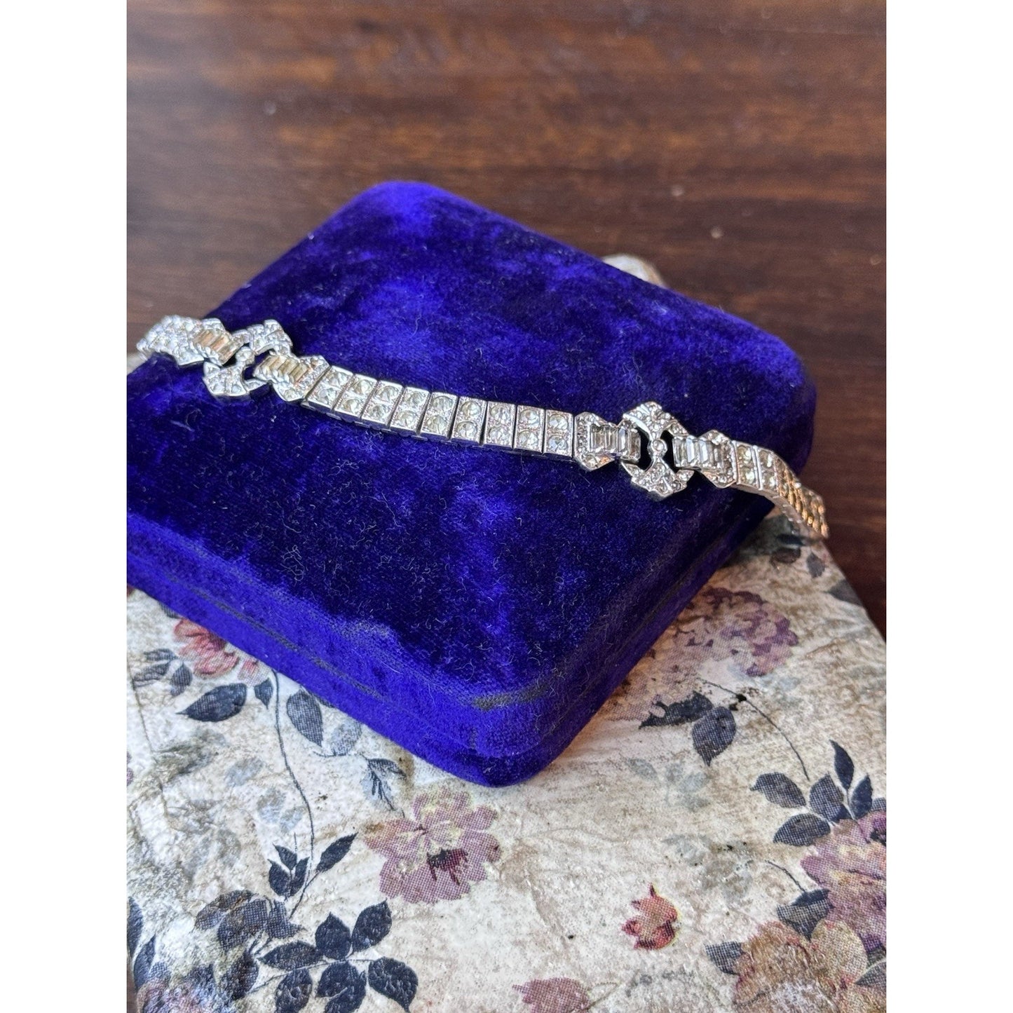 Antique Tennis Bracelet 1920s Sterling Silver Art Deco Rhinestone Patented 6”