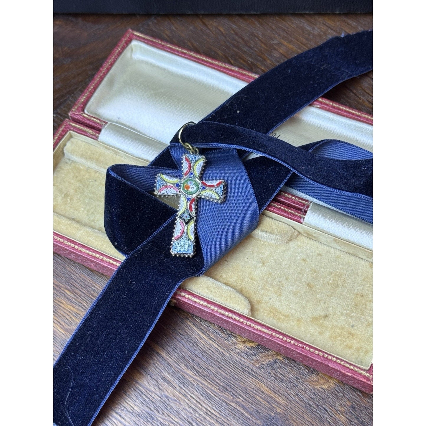 Antique Cross Italian Micro Mosaic Pendant Blue Velvet Ribbon Floral 1.5”