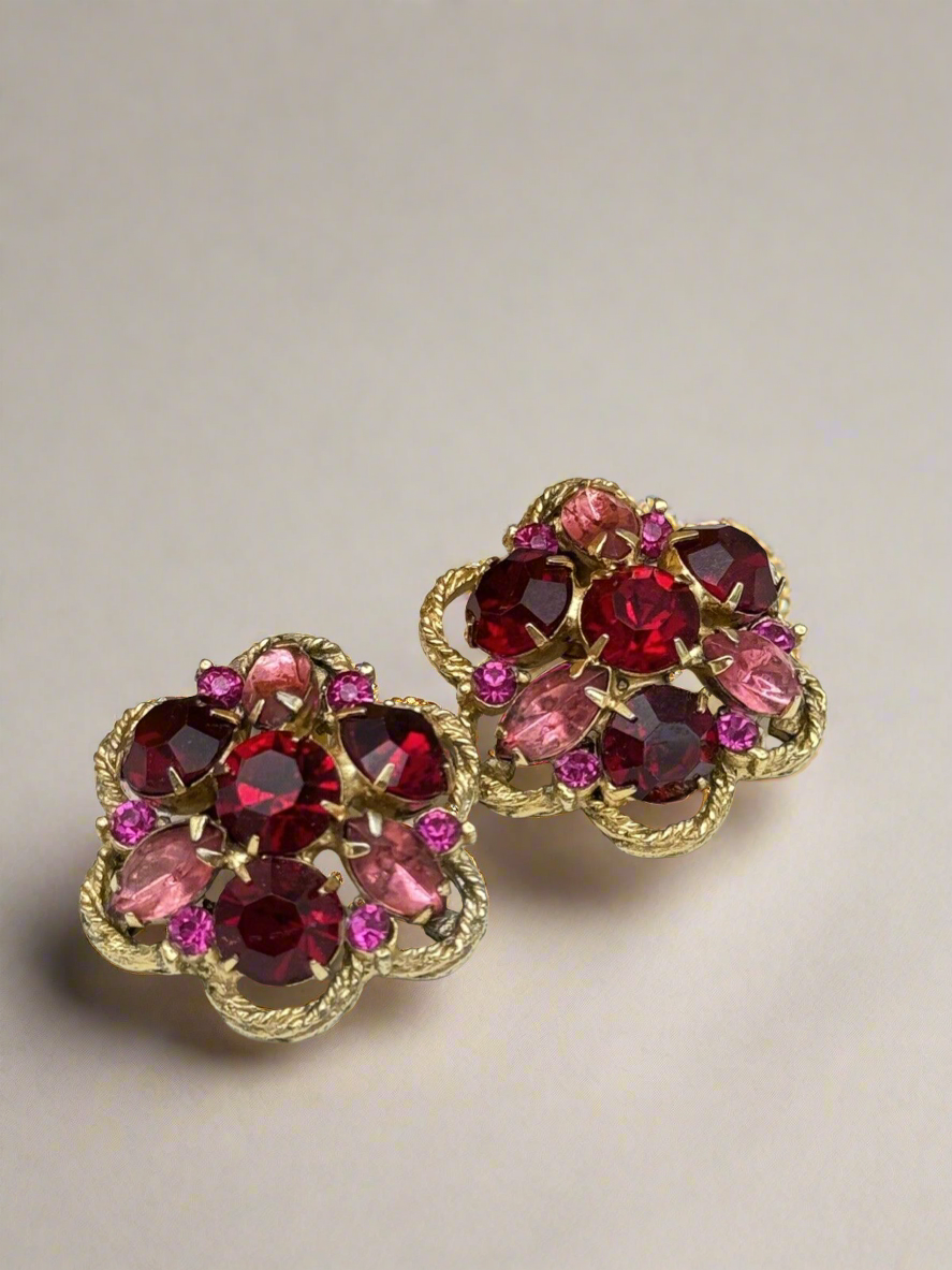 Pair Of SIGNED WEISS Rhinestone Earrings Pink Red Purple Flower Design