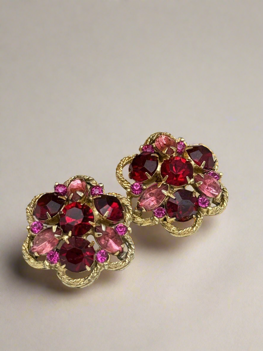 Pair Of SIGNED WEISS Rhinestone Earrings Pink Red Purple Flower Design