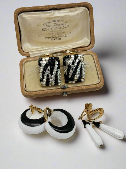 Vintage Black & White Earring Collection Lot Of 3 Pairs Clip-ons