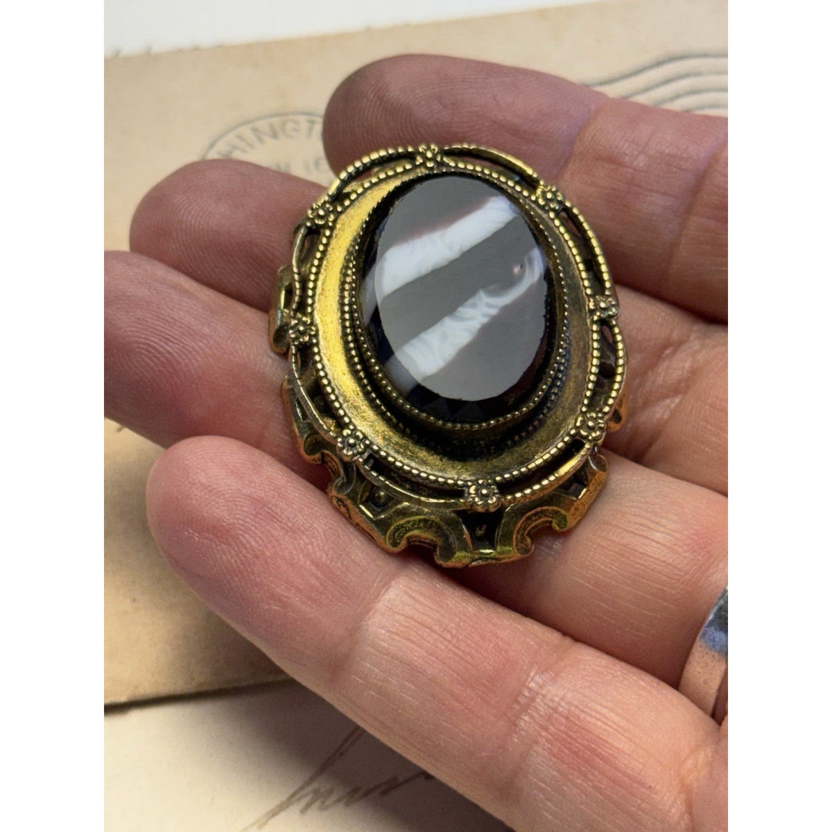 Original by Robert Victorian Revival Black & White Glass Cameo Brooch Pendant