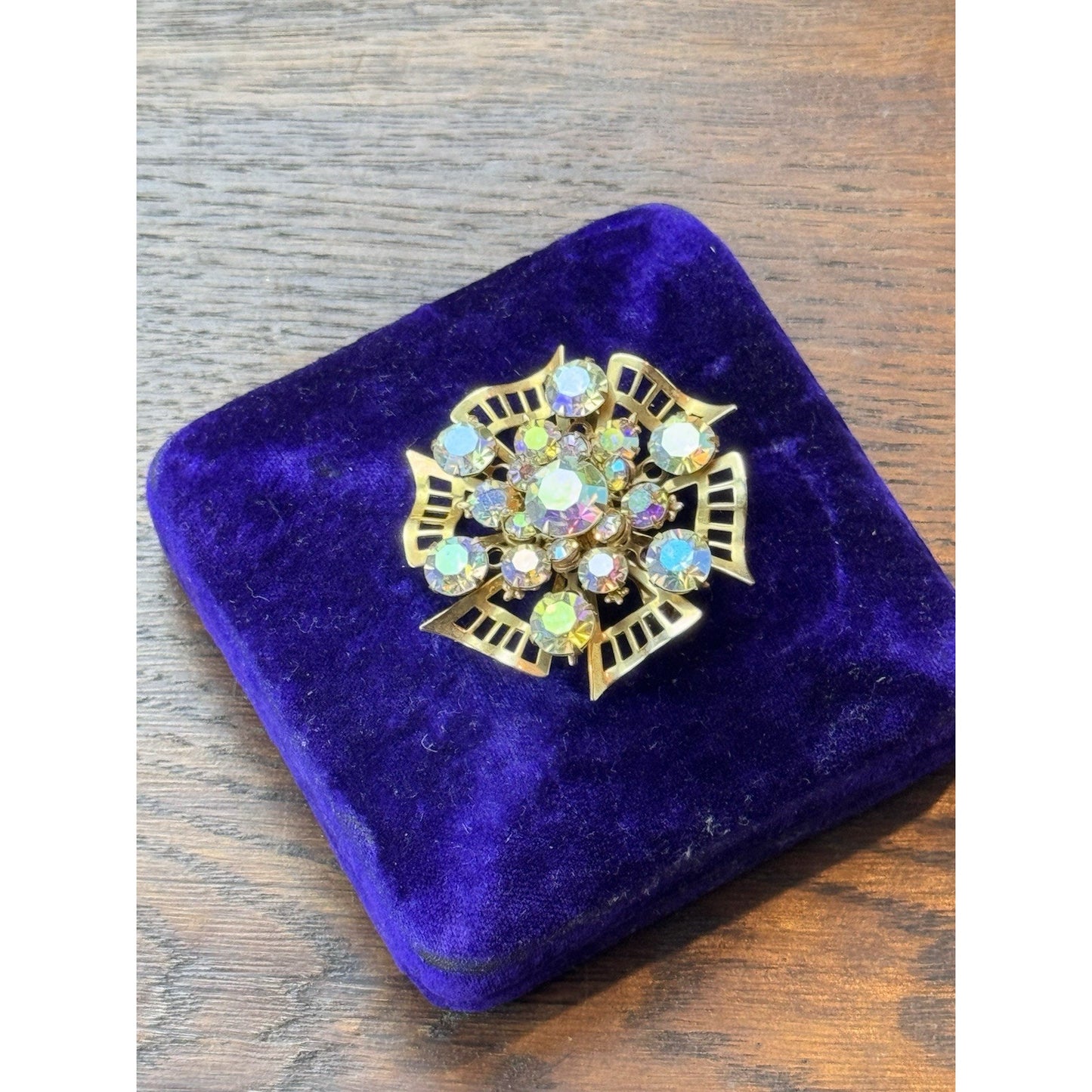 Vintage AB Rhinestone Brooch Goldtone Atomic Starburst 2”