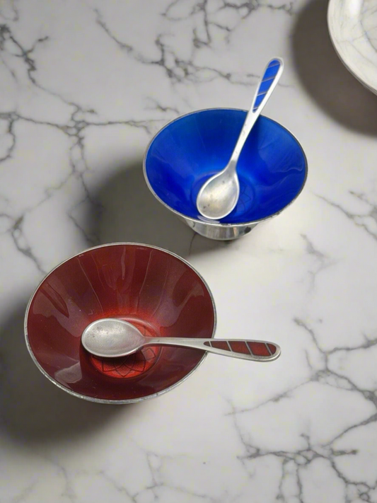 Set Of DANISH Sterling Salts & Spoons MID CENTURY Enameled Blue & Red