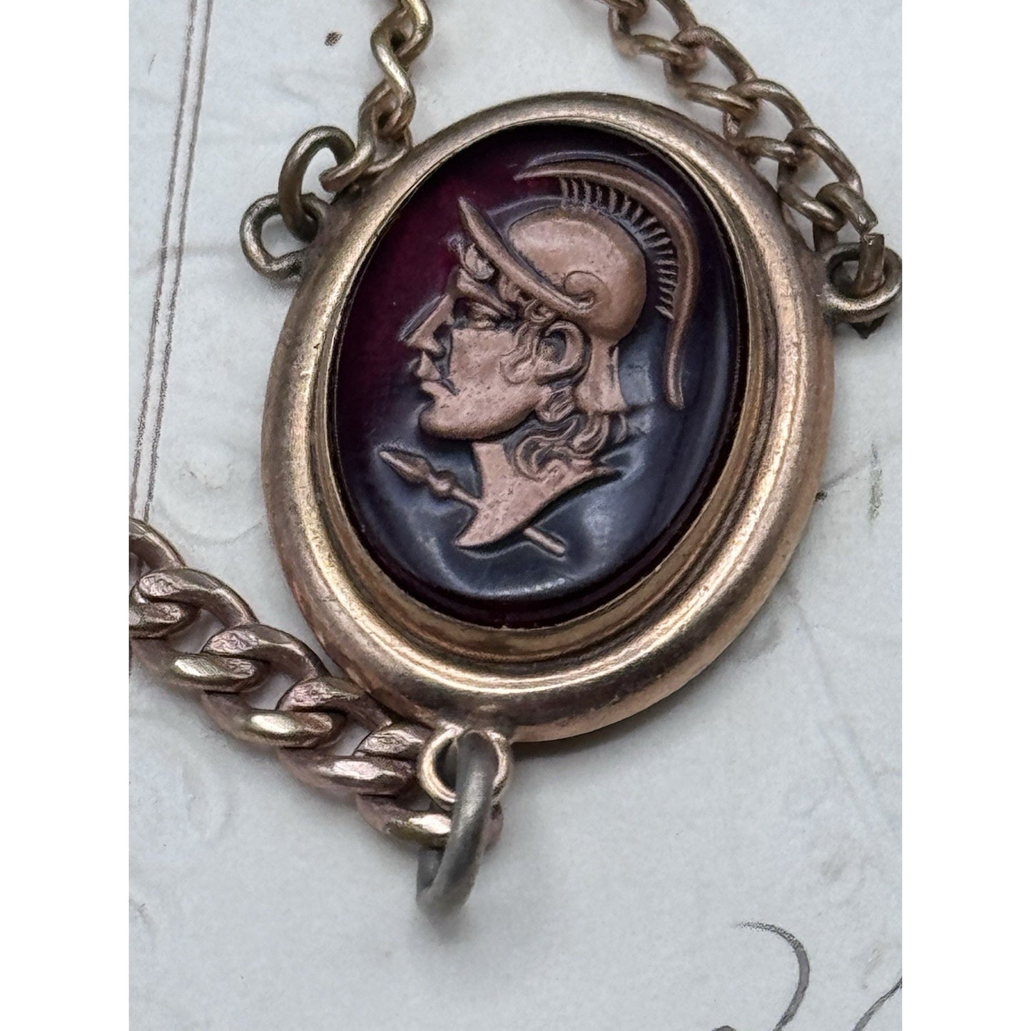 Vintage Rose Goldtone Watch Chain with Roman Centurion Faux Intaglio Pendant