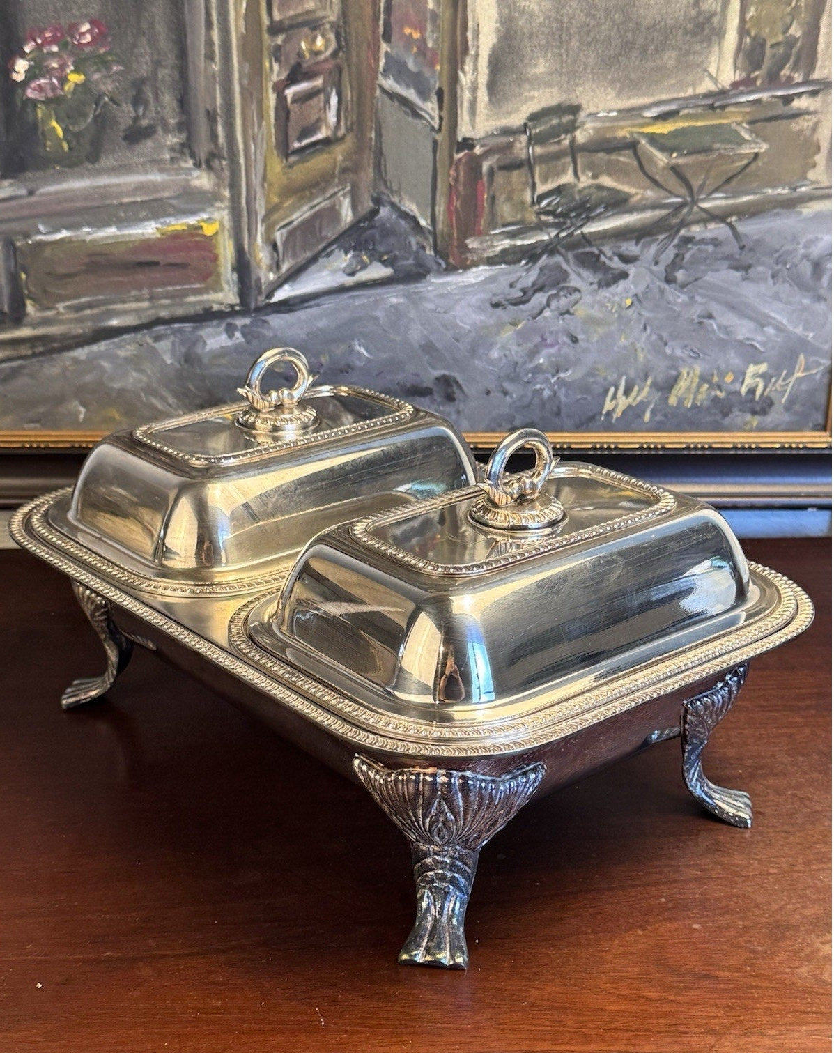 Silverplate Double Server Chafing Dish Rope Edge Footed Covered Vintage 15.25”