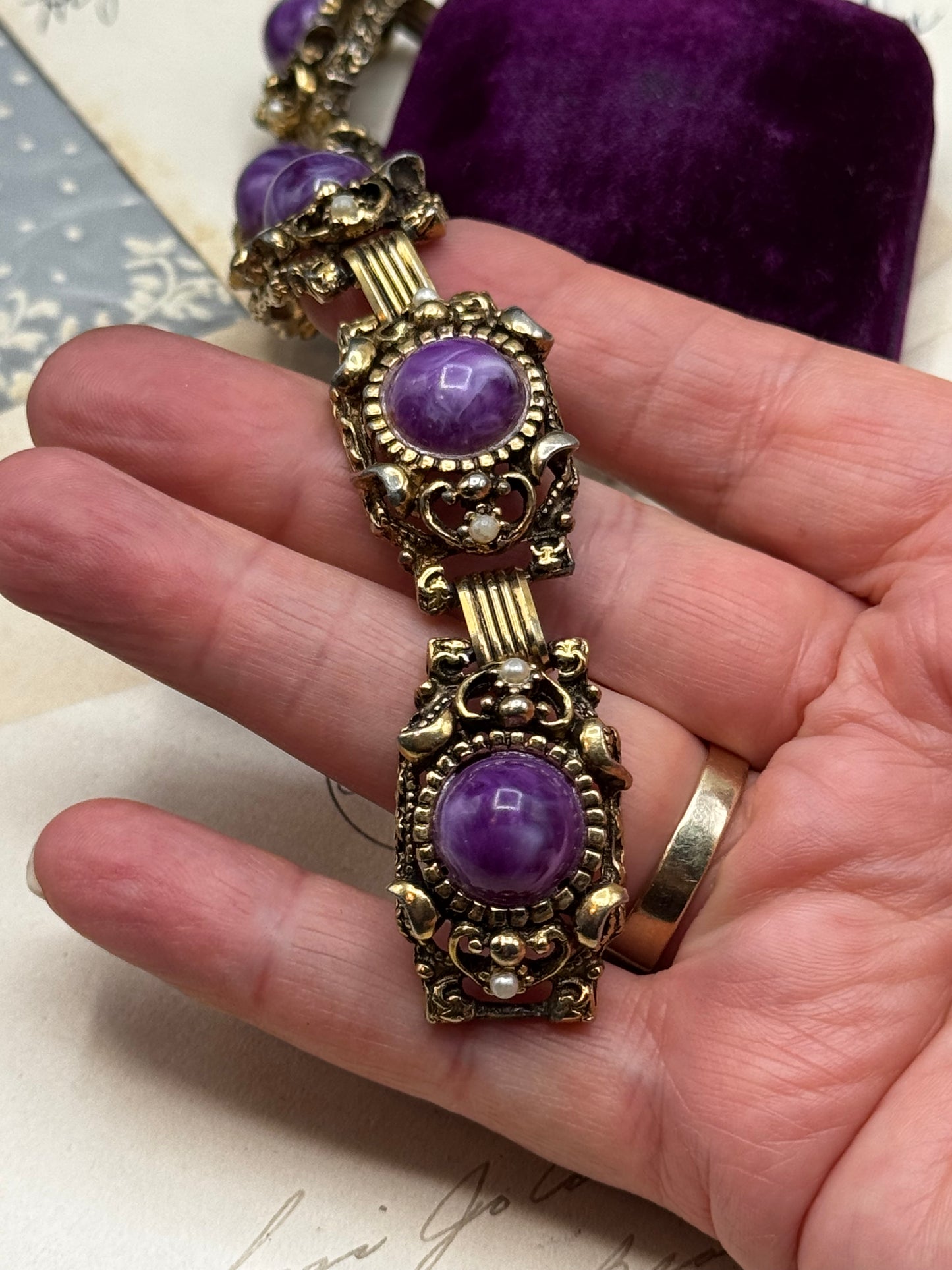 Vintage Victorian Revival Bracelet Purple Lucite Cabochon Faux Pearl Goldtone 7.25” Selro Selini Style