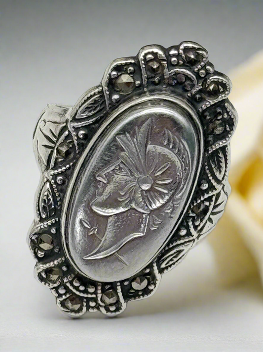 Vintage Intaglio Roman Soldier Sterling Silver Marcasite Ring Small