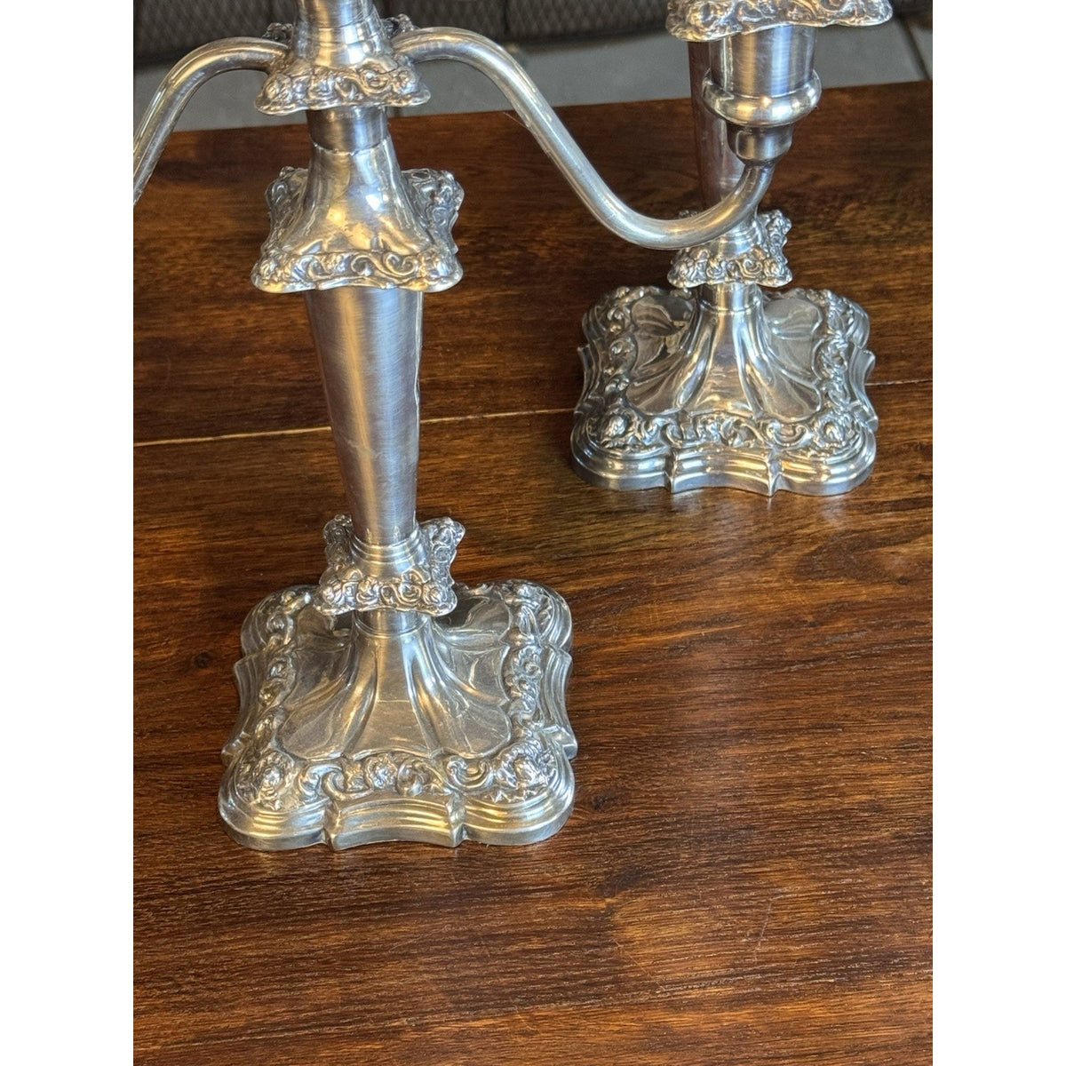 Silverplate Candelabra Pair Antique Repoussé 3-Light Ornate 12”h DENTS