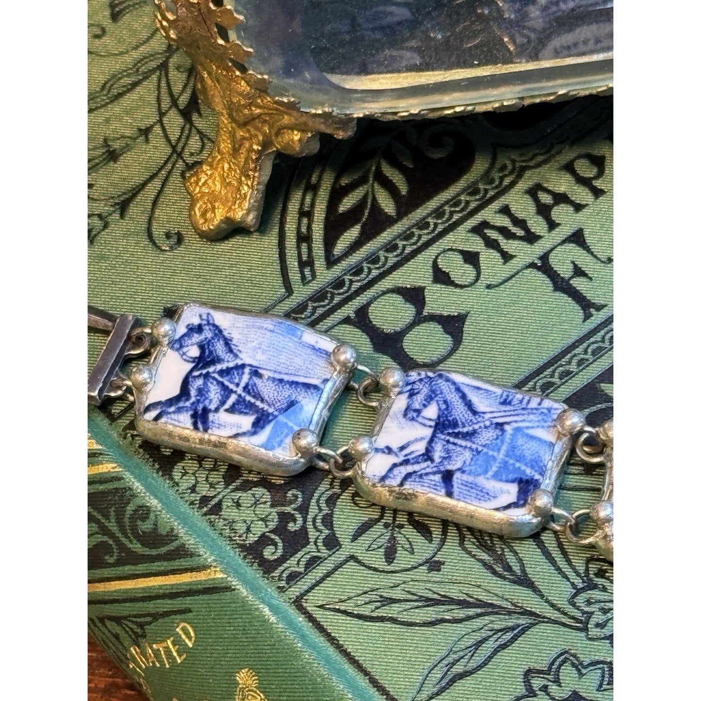 Handmade Porcelain Bracelet Blue White Tally Ho Horse Scene 6.5” Vintage 1990s