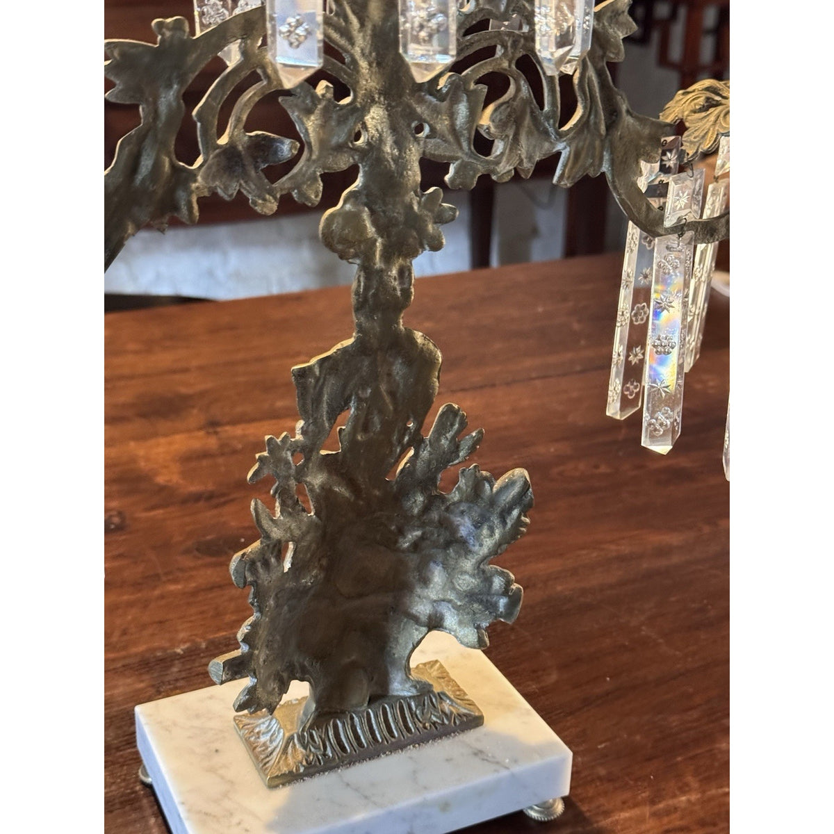 Girandole Candelabra Set Goldtone Floral Marble Crystal Prisms 3 Piece 18” 15.5”