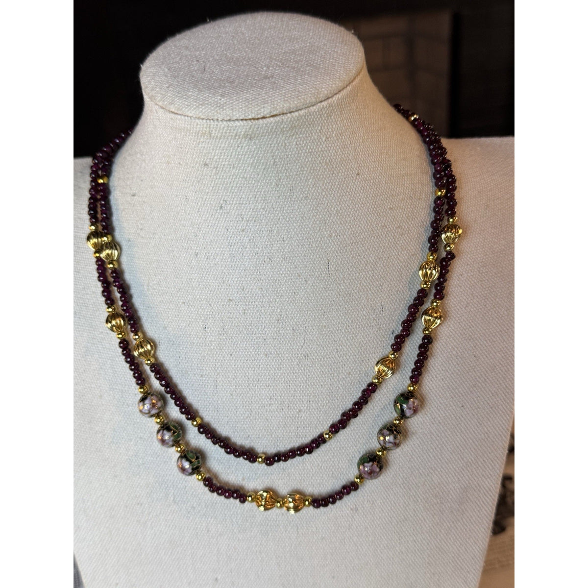 Garnet Double Strand Necklace 19” Floral Cloisonné Goldtone Beads Newly Restrung