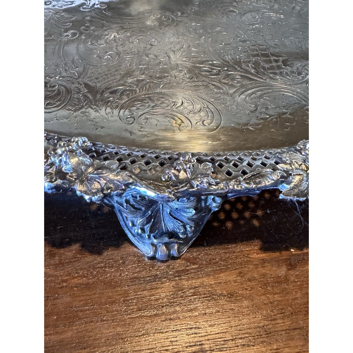 Antique Sheffield Silverplate Oval Serving Tray Footed Reticulated 28” Handles
