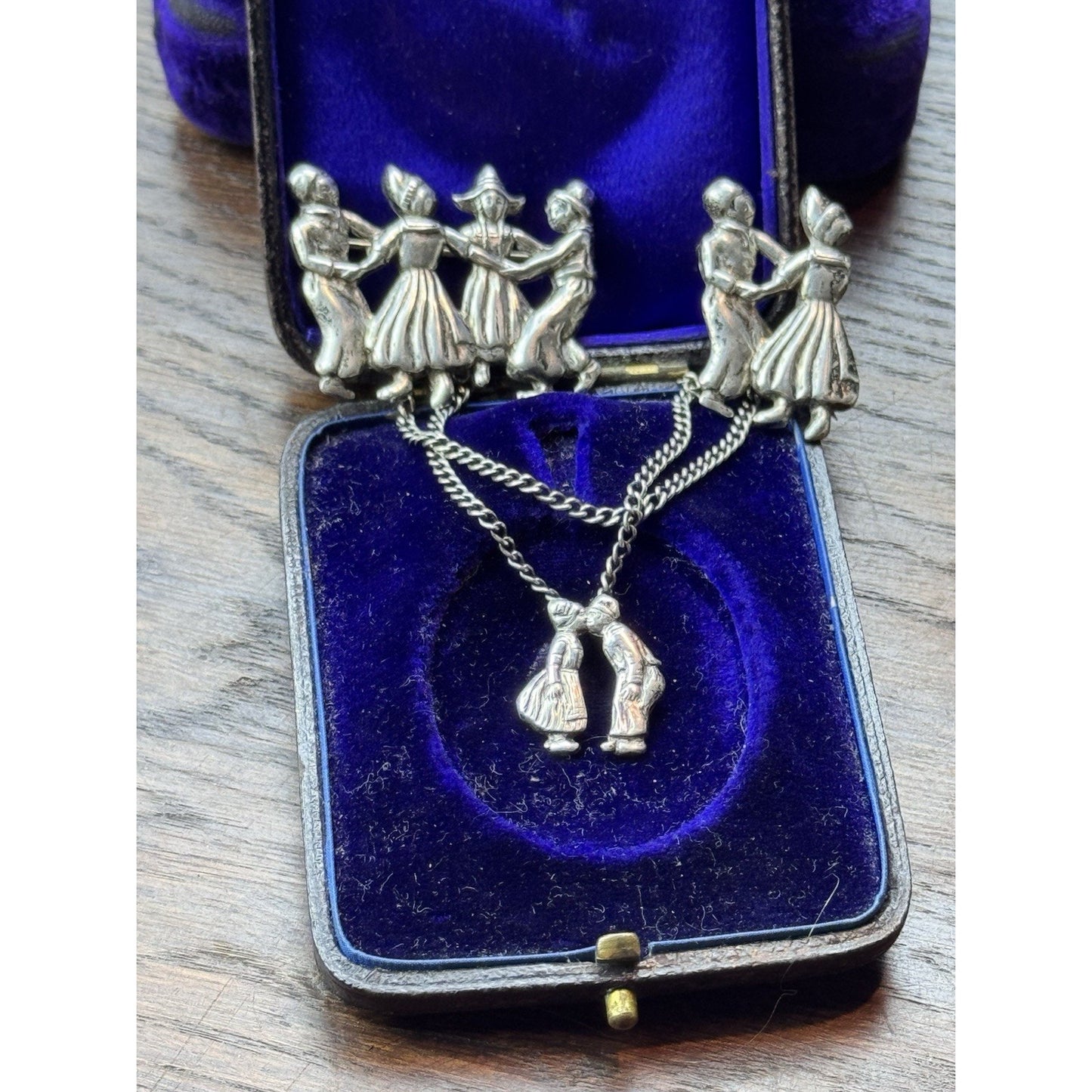 Vintage Dutch Dancers Chatelaine Brooch Silver Kissing Couple 1.38”