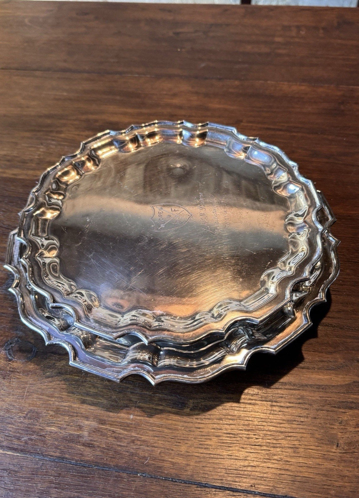 Vintage Silverplate Sport Presentation Salvers Pair 10” & 11.25” Footed 1950s