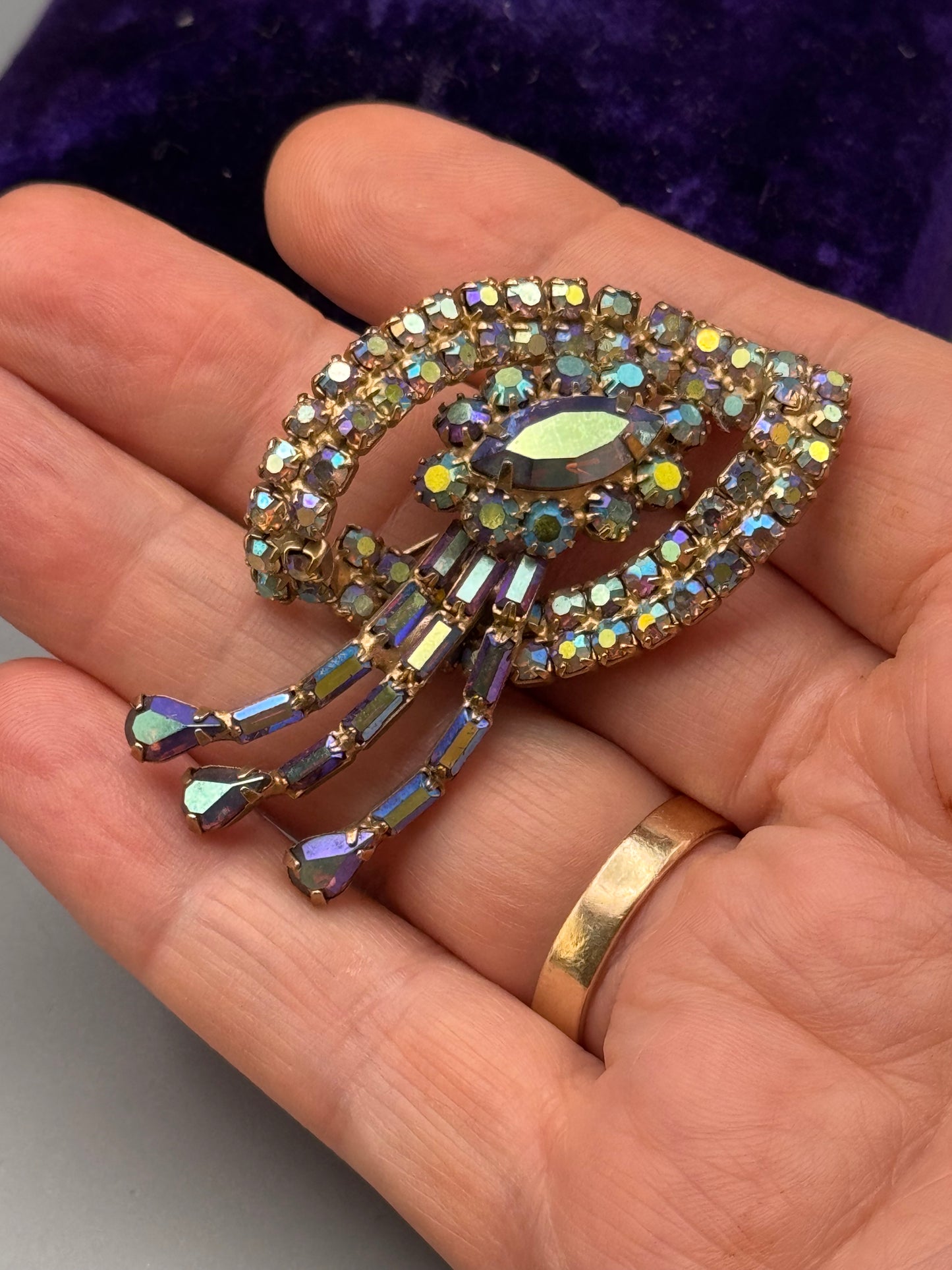 Vintage AB Rhinestone Brooch Blue Aurora Borealis Dangle Statement Pin