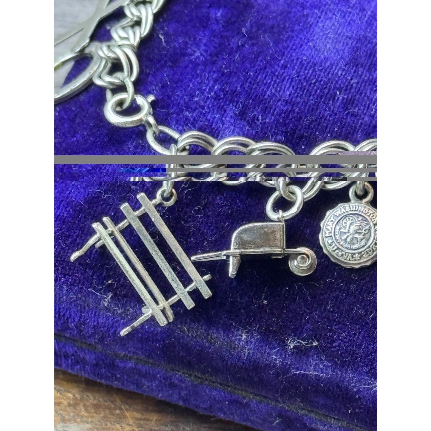 Sterling Silver Charm Bracelet 11 Charms Mechanical Typewriter 1960s 6.75”