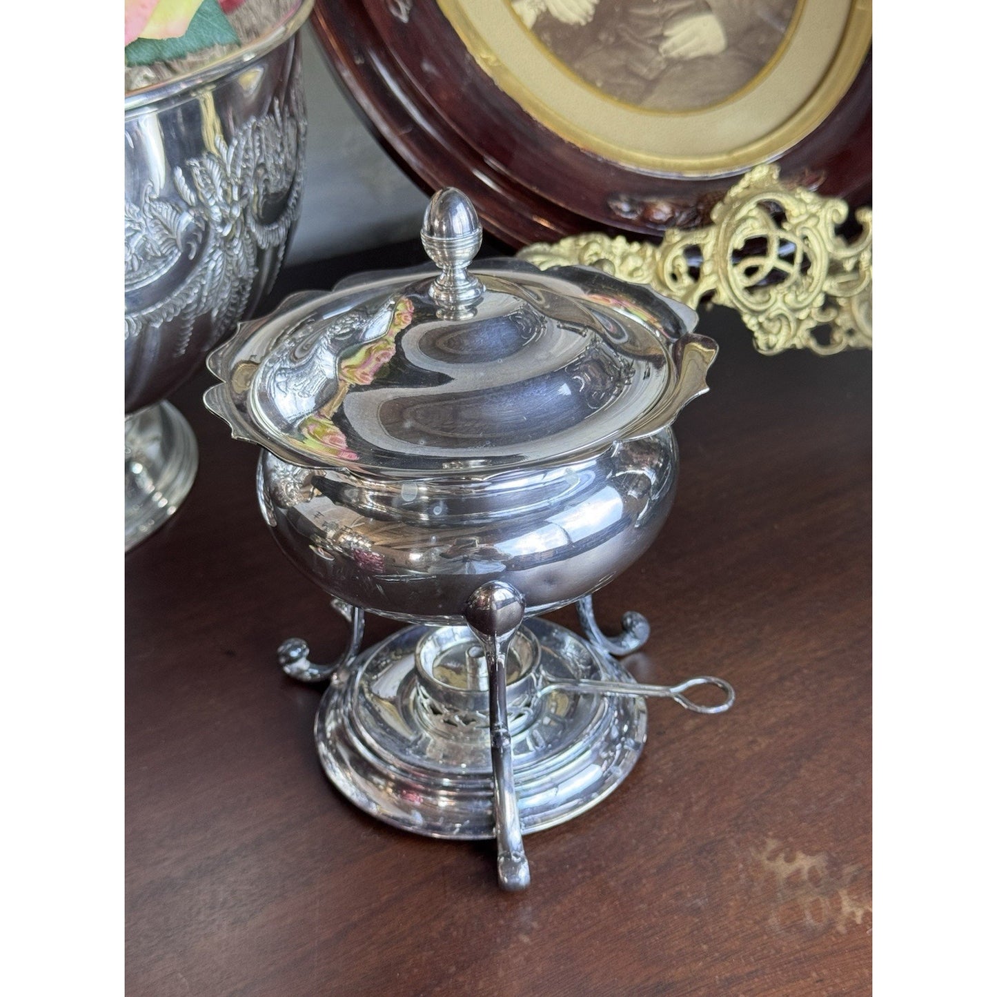 James Dixon & Sons English EPNS Silver Plate Egg Coddler Spirit Stove 7” Vintage