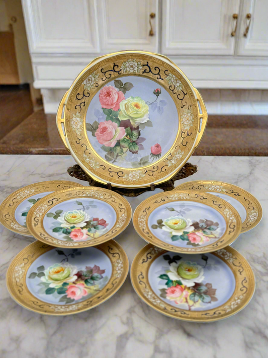 Antique Nippon NORITAKE Rose Gold Moriage 7 Pcs Dessert Set