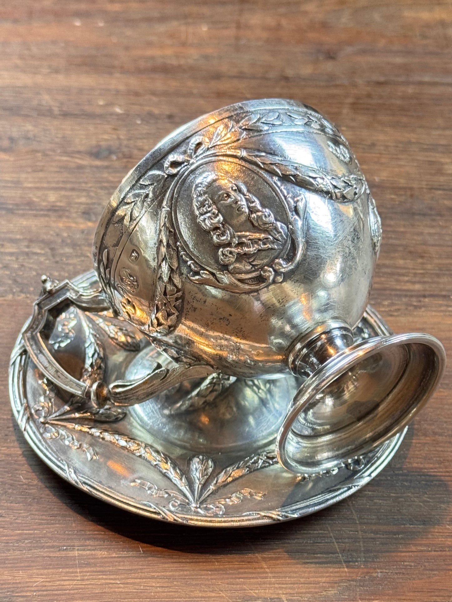 Vintage Silverplate Demitasse Cup & Saucer Cameo Repousse Pseudo Hallmark