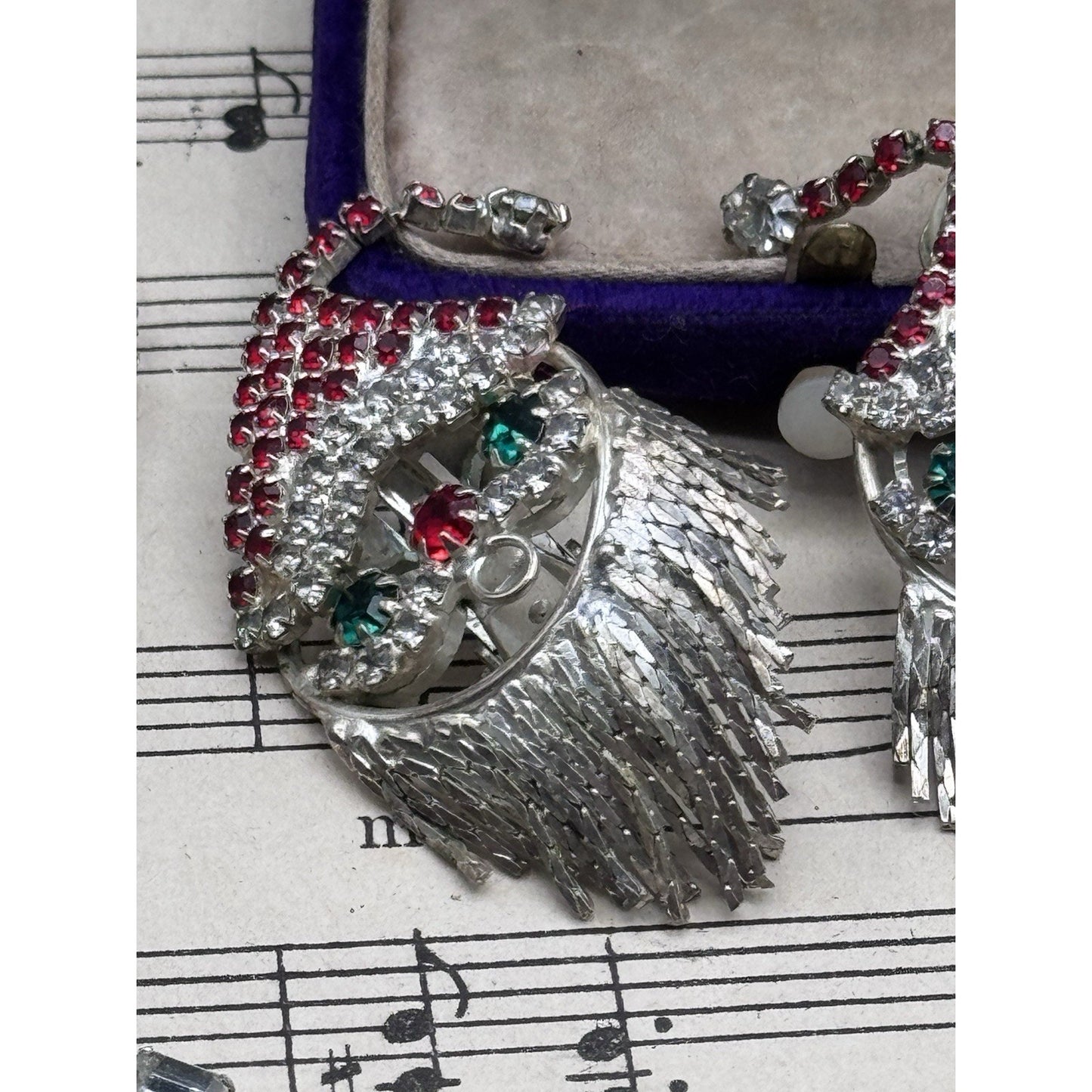 Vintage Santa Clip On Earrings Red Green Clear Rhinestone Fringe Beard