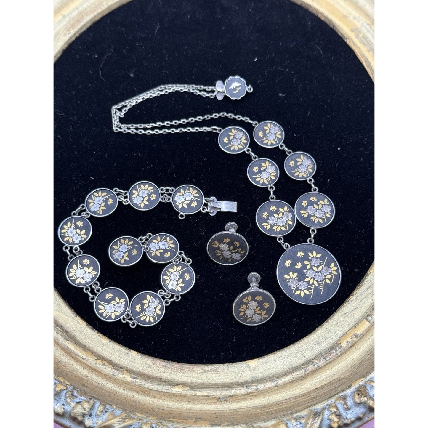 Japanese Damascene Necklace Set Silver Bracelet Earrings Floral Vintage