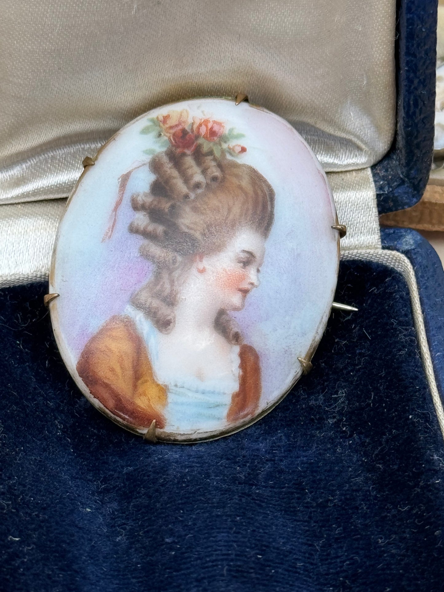 Antique French Style Miniature Brooch Porcelain Lady Roses In Hair